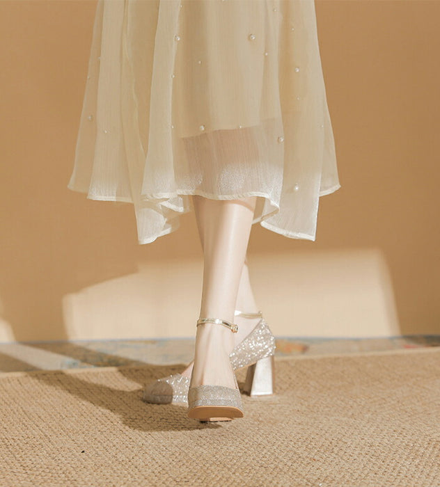 【7日内出荷】【 7cmヒール】パンプス ストラップ 7cmヒール グリッター ラメ キラキラ 厚底 スクエアトゥ 太ヒール チャンキーヒール 歩きやすい 痛くない 疲れない 美脚  結婚式 二次会 披露宴 パーティー お呼ばれ 入学式 卒業式 発表会 ドレス レディース きれいめ