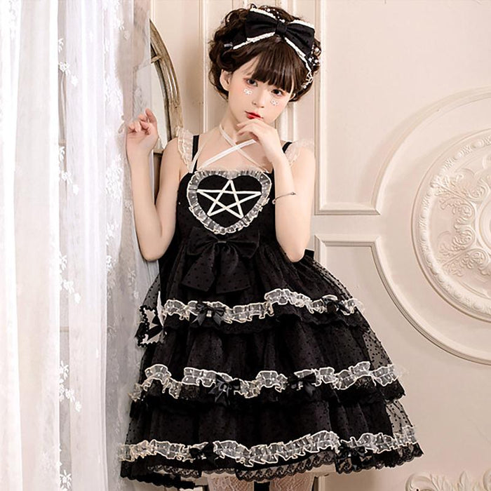 【7日内出荷】ロリータキャミワンピース ロリータドレス lolita キャミワンピース 袖なし 甘ロリ jsk デザインスカート リボン フリル 原宿 ガーリー 可愛い 春 夏