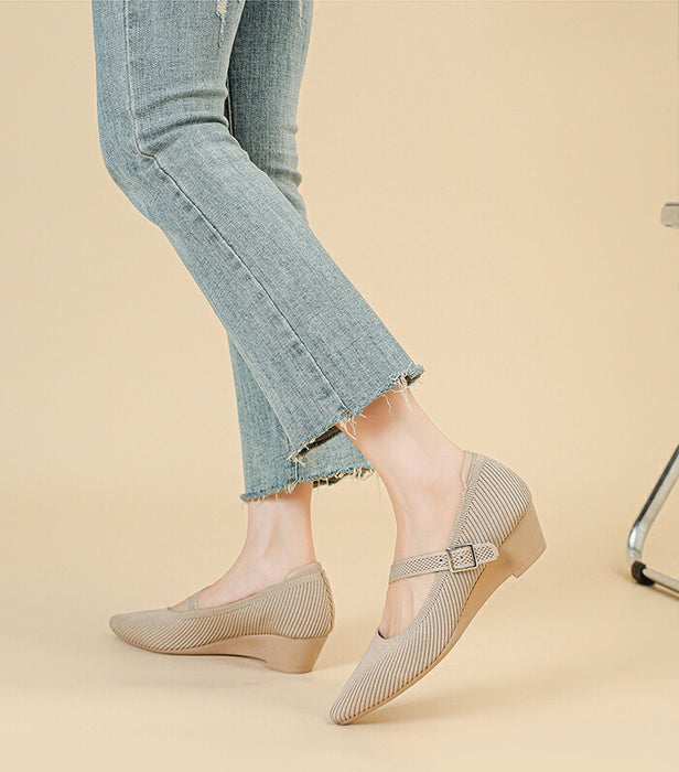 【7日内出荷】【3.5cmヒール】パンプス ニット メリージェーン レディース ストラップ ウェッジソール ローヒール 3.5cm スクエアトゥ 痛くない 歩きやすい 疲れない 柔らかい 脱げない 安定感 軽量 オフィス 通勤 フォーマル ママコーデ 小さいサイズ 春夏秋