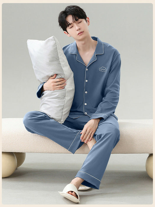 【7日内出荷】【2点セット】 ペア パジャマ レディース メンズ カップル ペアルック ルームウェア 上下セット 杏色 青色 綿100% コットン 長袖 寝巻き 部屋着 男性 女性 大人 おしゃれ ゆったり 春秋 春夏 秋冬 外出用 入院 上品 前開き 折り襟 ポケット付き 長ズボン ゴムウエスト