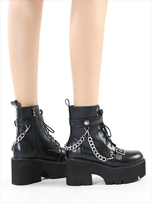 【7日内出荷】厚底 パンク風 ショートブーツ レディース ブーツ 太ヒール レースアップブーツ ヒール7.5cm 靴 編み上げブーツ カジュアル 日常 通勤 おしゃれ 痛くない 履きやすい 柔らかい ゆったり ダンスシューズ ラウンドトゥ きれいめ 人気 クール 大人 韓国 仕事 PU 合皮 細見え 黒