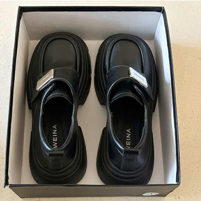 【7日内出荷】【5cmヒール 】厚底ローファー レディース パンプス PU 合皮 ストラップスクール ローファー ベルクロ 面ファスナー メタルプレート Uチップ チャンキーソール ボリュームソール 歩きやすい 身長アップ 美脚 学生 通学 通勤 制服コーデ 黒 茶色