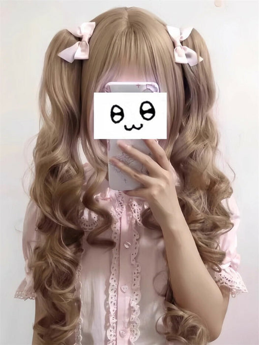 【7日内出荷】ロリータ ウィッグ ロング カール ツインテール 前髪あり 耐熱 アッシュブラウン フルウィッグ 高品質 自然 ふんわり ヘア レディース コスプレ ハロウィン 撮影 イベント おしゃれ 可愛い