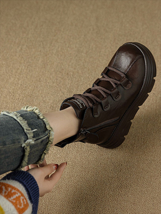 【7日内出荷】ショートブーツ レディース ブーツ 厚底 サイドジップ レースアップブーツ 秋ブーツ カジュアル 日常 通勤 美脚 おしゃれ 痛くない 履きやすい 柔らかい 幅広 ゆったり ラウンドトゥ きれいめ シンプル 大人気 クール 春夏秋冬 韓国 仕事 PU 合皮 原宿系 細見え 黒 ブラウン