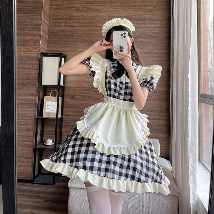 【7日内出荷】4点セット　チェックメイド服 ミニ丈 メイド喫茶 メイドコスチューム ジャパニーズメイド ミニスカ ハロウィン 衣装 仮装 パーティ コスプレ フルセット 可愛い 萌え