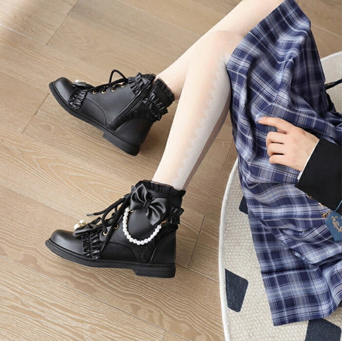 【2cmヒール】ロリータ ブーツ レディース ショートブーツ 編み上げブーツ ローヒール 甘ロリ お姫様 森ガール ロリィタ靴 レース リボン パール 歩きやすい 疲れない サイドジップ おしゃれ かわいい お茶会 コスプレ 発表会 黒 ピンク 白 秋冬