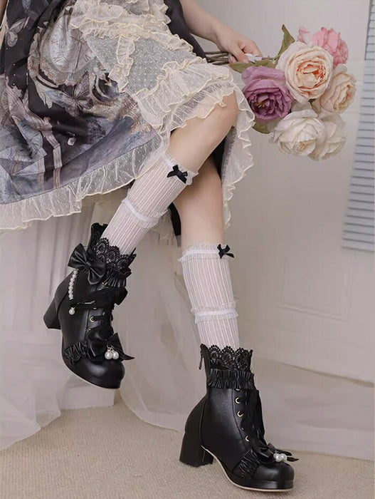 【5cmヒール】ロリータ ブーツ レディース ショートブーツ 甘ロリ お姫様 森ガール ロリィタ靴 レース リボン パール  チャンキーヒール 歩きやすい 疲れない 痛くない サイドジップ おしゃれ かわいい お茶会 コスプレ 発表会 黒 ピンク 白 秋冬