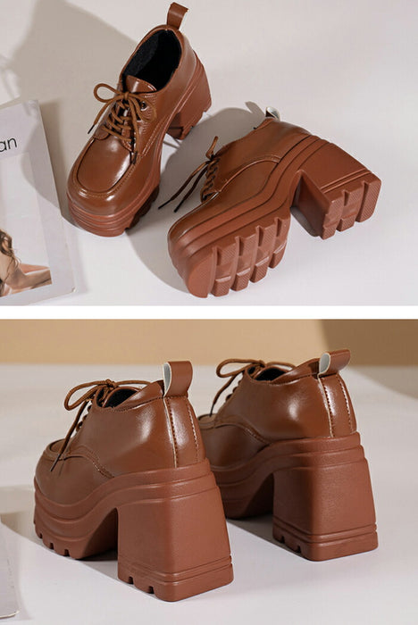 【7日内出荷】【10cmヒール】厚底オックスフォード シューズ レディース レースアップ  ハイヒール 超厚底 チャンキーヒール ボリュームソール プラットフォーム レースアップ 革靴 歩きやすい 疲れにくい 脚長 韓国 地雷系 学生 通勤 黒 茶色 オールシーズン