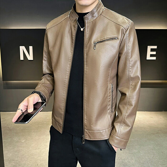 ライダース メンズ シングル バイクジャケット レザージャケット ライダースジャケット 革ジャン 革ジャケット 皮ジャン ジャンパー カジュアル 防寒 防風 秋冬 PUレザー 男性 男 服 通勤 普段着 大きいサイズ ブラック キャメル カーキ