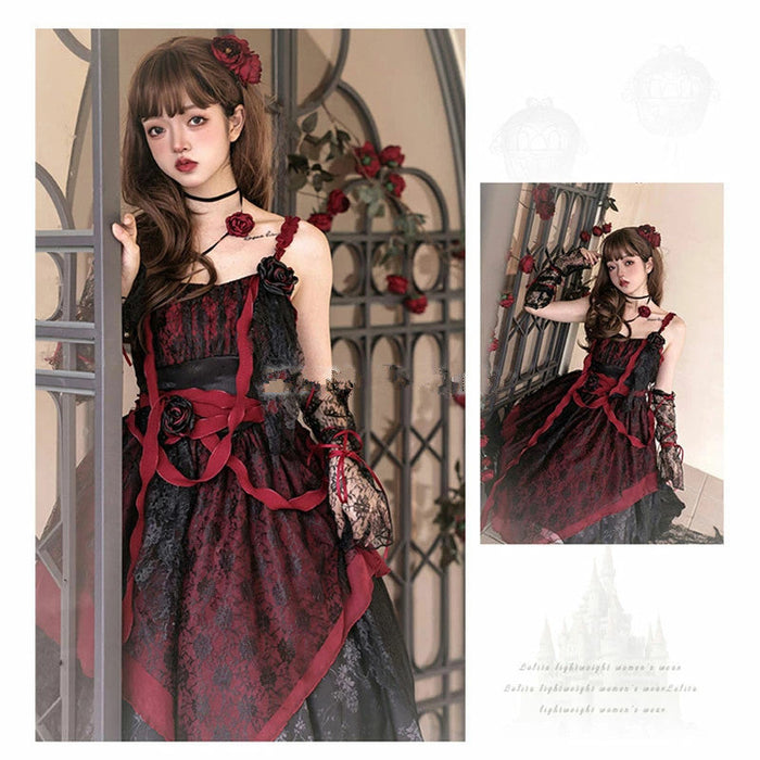 【7日内出荷】3点セット ロリータワンピース キャミワンピース ロリータ衣装 lolita jsk 全3色 不規則裾 付け袖付き 甘ロリ レース 原宿 可愛い ガーリー 春秋 S/M/L