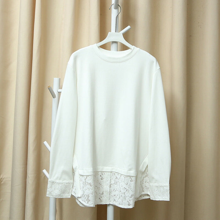 【7日内出荷】レイヤード ロンT レース 袖 裾 レースインナー トップス レディース レース レイヤードトップス 長袖 Tシャツ カットソー インナー チュニック 無地 透け 肌着 重ね着 きれいめ 大きいサイズ 体型カバー お尻が隠れる 厚手 白 黒 秋 冬