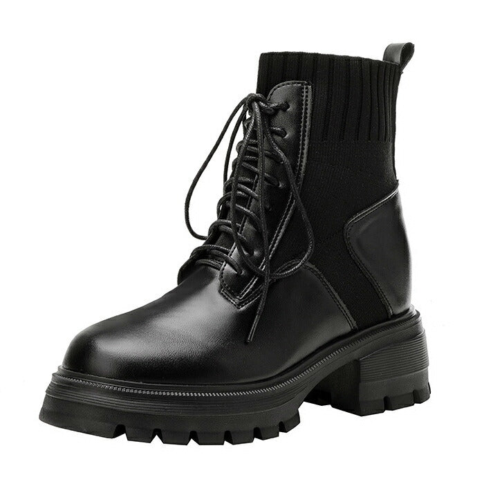 【9CMヒール】ブーツ レディース ショートブーツ レースアップブーツ ソックスブーツ 編み上げブーツ ニット 厚底 9CMヒール インヒール 2CM 秋ブーツ 歩きやすい 柔らかい チャンキーヒール 防寒 通勤 通学 学生 カジュアル 小さいサイズ 秋冬 黒 白