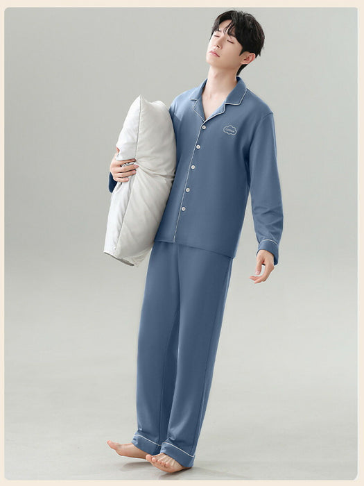 【7日内出荷】【2点セット】 ペア パジャマ レディース メンズ カップル ペアルック ルームウェア 上下セット 杏色 青色 綿100% コットン 長袖 寝巻き 部屋着 男性 女性 大人 おしゃれ ゆったり 春秋 春夏 秋冬 外出用 入院 上品 前開き 折り襟 ポケット付き 長ズボン ゴムウエスト