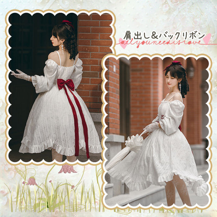 【7日内出荷】 2way仕様 赤い胸リボン ロリータワンピース ロリータドレス 甘ロリ 姫ロリ クラロリ カジュロリ 白ロリ 長袖 赤リボン 胸リボン