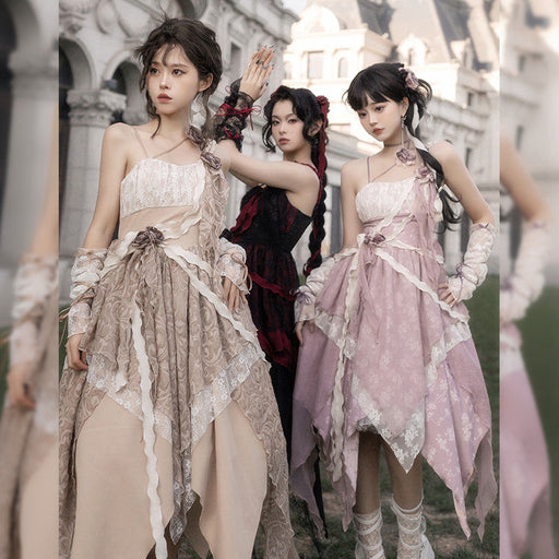 【7日内出荷】3点セット ロリータワンピース キャミワンピース ロリータ衣装 lolita jsk 全3色 不規則裾 付け袖付き 甘ロリ レース 原宿 可愛い ガーリー 春秋 S/M/L