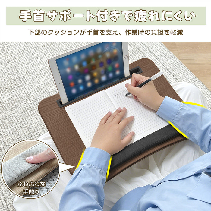RAKU 膝上テーブル クッションテーブル ノート PC用 14インチまで対応 多機能スタンド付き 両面使える 手首サポートクッション付き ひざ上デスク 軽量 持ち運び 木目調 作業 車 ベッド ソファー 外出 自宅用