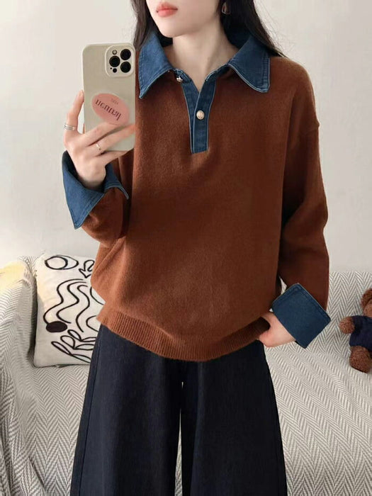 【7日内出荷】ニット セーター レディース レイヤード風 重ね着風 デニム襟 ポロ襟 バイカラー トップス プルオーバー 長袖 韓国 きれいめ カジュアル 大人可愛い ゆったり 体型カバー あったか 防寒 おしゃれ 秋冬 通勤 通学 オフィス デート お出かけ