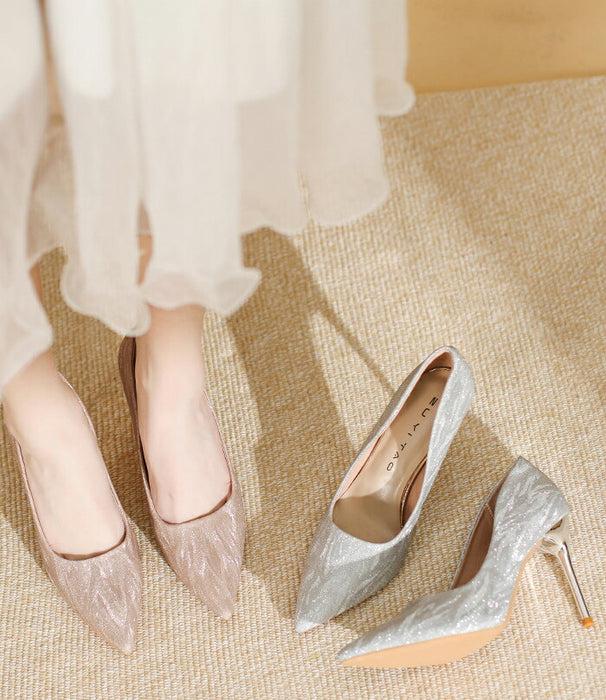 【7日内出荷】【5cm~9cmヒール】結婚式 パンプス 歩きやすい 疲れない キラキラ ラメ グリッター ポインテッドトゥ ピンヒール  ミドルヒール ハイヒール レディース パーティー お呼ばれ 二次会 ウェディング 花嫁 美脚 脚長 上品 シルバー ピンクゴールド