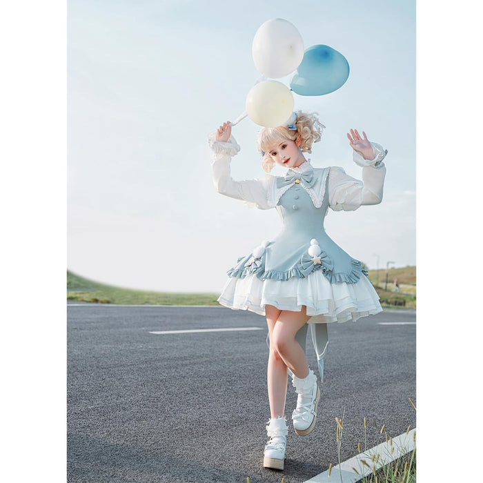lolita ワンピース 姫 蝶結び鈴 ゴスロリ 女の子 ガールズ フリル ペプラムスカート レース 姫袖 森ガール お姫様 長袖 ロリータ風 女装 可愛い 大きいリボン 茶話会 仮装 クリスマス