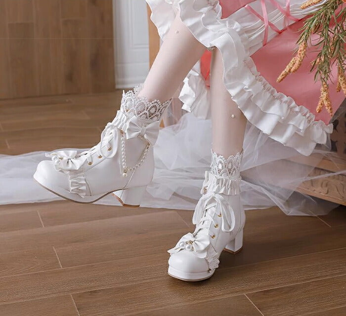 【5cmヒール】ロリータ ブーツ レディース ショートブーツ 甘ロリ お姫様 森ガール ロリィタ靴 レース リボン パール  チャンキーヒール 歩きやすい 疲れない 痛くない サイドジップ おしゃれ かわいい お茶会 コスプレ 発表会 黒 ピンク 白 秋冬