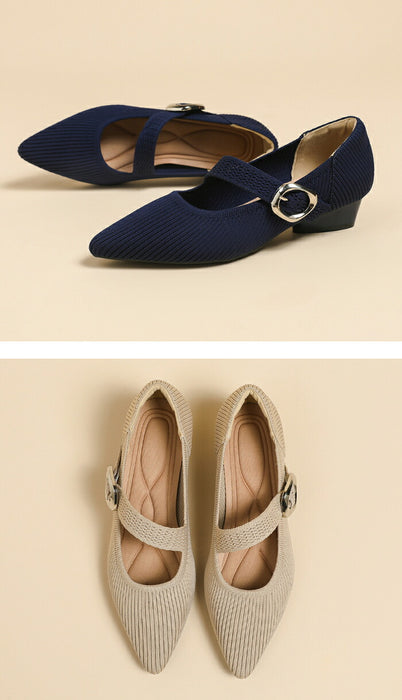 【7日内出荷】【3cmヒール】パンプス レディース 痛くない 歩きやすい ニット メリージェーン ポインテッドトゥ ローヒール 3cm チャンキーヒール 疲れない 柔らかい 脱げない 美脚 靴 軽量 オフィス 通勤 フォーマル 結婚式 母の日 大きいサイズ 黒 春 夏 秋