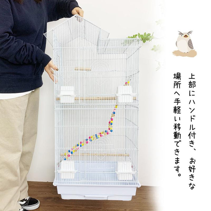 RAKU バードケージ 鳥カゴ 鳥小屋 複数飼い 止まり木 おもちゃ ブランク エサ入れ４個 ハンドル付き ホワイト白 省スペース お手入れかんたん