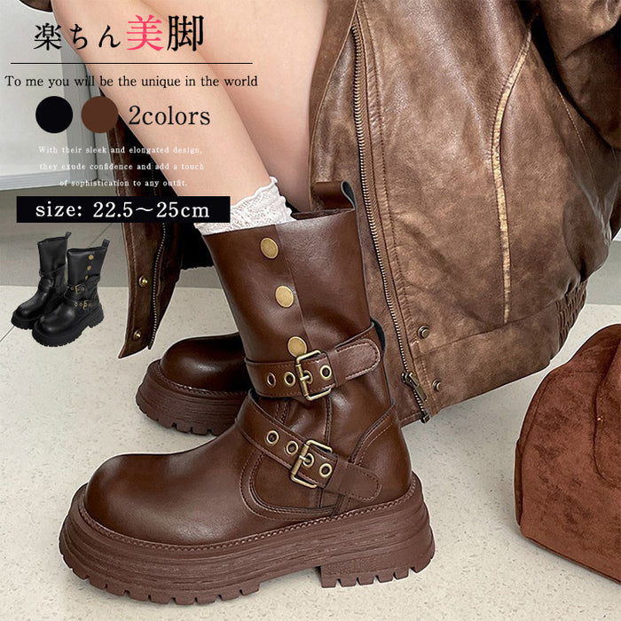 【7日内出荷】ショートブーツ レディース 厚底 エンジニアブーツ 太ヒール 美脚 韓国 通勤 ブーツ おしゃれ ラウンドトゥ 秋ブーツ 靴 カジュアル 痛くない 履きやすい 柔らかい ジョッキーブーツ 幅広 ゆったり きれいめ シンプル 人気 春夏秋冬 仕事 PU 合皮 原宿系 細見え 黒 ブラウン