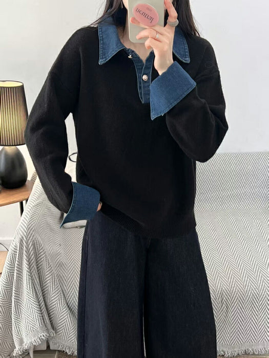 【7日内出荷】ニット セーター レディース レイヤード風 重ね着風 デニム襟 ポロ襟 バイカラー トップス プルオーバー 長袖 韓国 きれいめ カジュアル 大人可愛い ゆったり 体型カバー あったか 防寒 おしゃれ 秋冬 通勤 通学 オフィス デート お出かけ