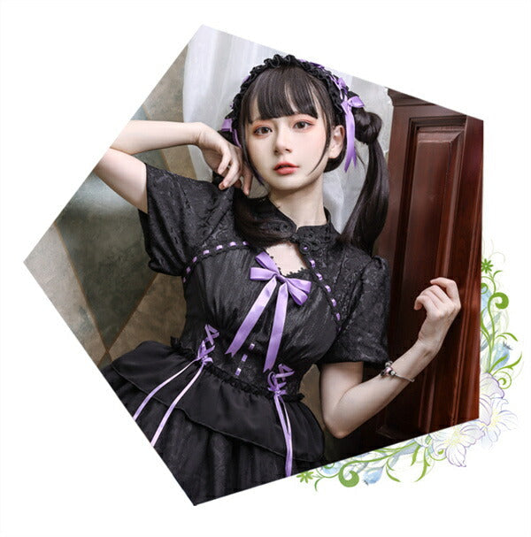 【7日内出荷】ロリータワンピース ホワイト 白 レディース lolita リボン ロリータ 袖付き 膝丈 小柄 可愛い 着瘦せ 仮装 コスプレ コスチューム 小柄 可愛い 学生 女の子 ゴスロリ  仮装 パーティ イベント ロリィタファッション フリル