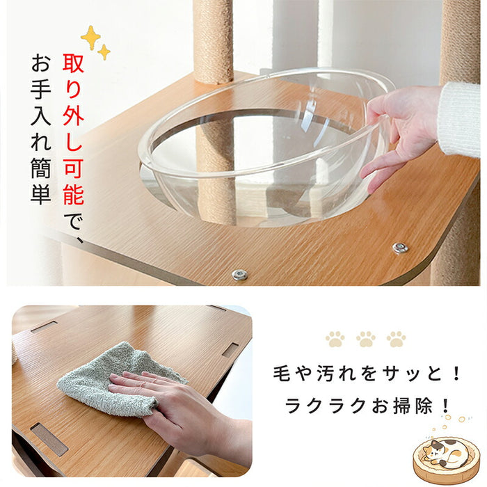 RAKU キャットタワー 木製 大型 据え置き 大型猫 中型猫 シニア猫 高さ約152cm 多頭飼い 宇宙船 見晴台 爪とぎ ホワイトコットン支柱 展望台 猫ハウス コーナー適用 四角型土台 安定 コットン紐 天然麻 運動不足解消
