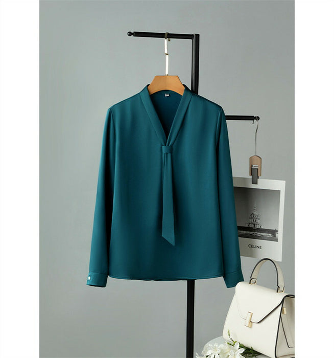 【7日内出荷】ブラウス レディース オフィス ボウタイ スカーフタイ リボンタイ Vネック スーツ カットソー きれいめ 長袖 シフォン 白ブラウス 白シャツ インナー トップス オフィスカジュアル シワになりにくい イージーケア 春 夏