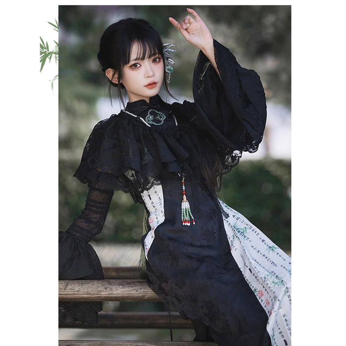 中華 チャイナドレス 姫袖 ロリータワンピース 竹 ゴスロリ ゴシック 地雷系 コスプレ衣装 緑 黒 姫ドレス ジャガード ボリューム お嬢様 ハロウィン 仮装 森ガール ゆめかわいい パーティー