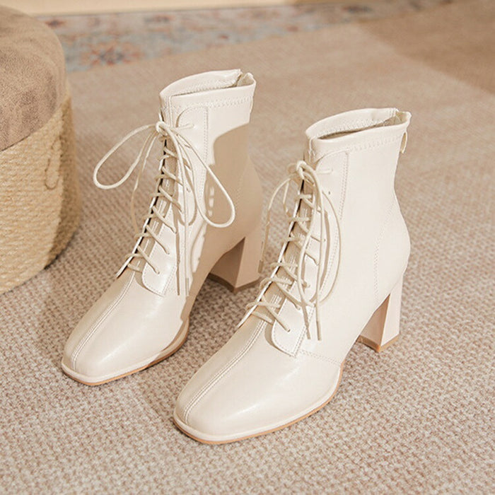 【7日内出荷】【7cmヒール】 ハイカット ショートブーツ レディース レースアップ ブーツ 編み上げ 太ヒール ファスナー付き 靴 女生 美脚 PU 無地 痛くない 履きやすい 歩きやすい 軽量 シンプル カジュアル 通勤 通学 おしゃれ 靴 袴 秋 きれいめ 女性 大人 寒さ対策 冬用 旅行 冬 発表会