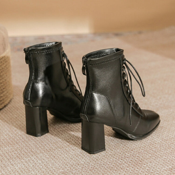 【7日内出荷】【7cmヒール】 ハイカット ショートブーツ レディース レースアップ ブーツ 編み上げ 太ヒール ファスナー付き 靴 女生 美脚 PU 無地 痛くない 履きやすい 歩きやすい 軽量 シンプル カジュアル 通勤 通学 おしゃれ 靴 袴 秋 きれいめ 女性 大人 寒さ対策 冬用 旅行 冬 発表会
