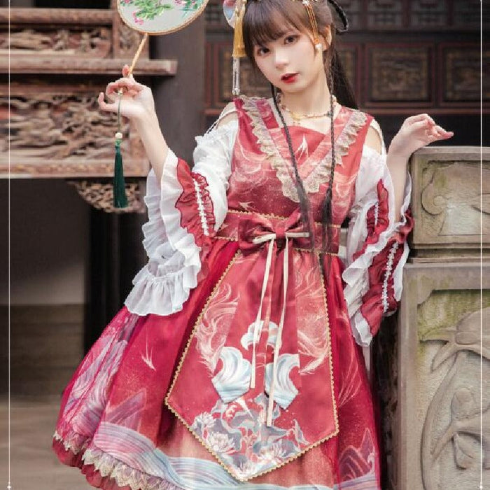 【7日内出荷】ロリータ ワンピース ゴスロリ ロリータドレス 膝丈 ロリィタ服 姫袖 お姫様ドレス 中華風 Lolita スカラップ フリル コスプレ衣装 ハロウィン コスチューム 長袖 レース チュール リボン 可愛い 学園祭 イベント 舞台衣装 撮影衣装 プリンセス ワインレッド ブルー 送料無料