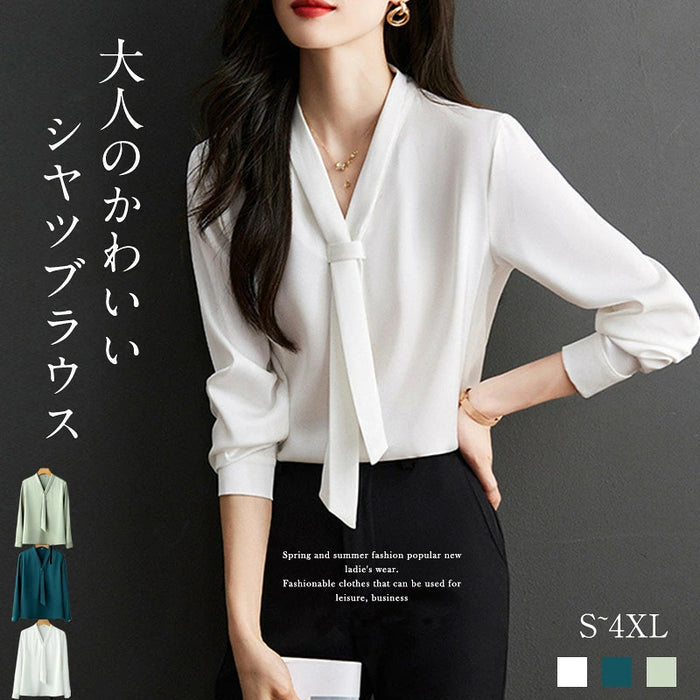 【7日内出荷】ブラウス レディース オフィス ボウタイ スカーフタイ リボンタイ Vネック スーツ カットソー きれいめ 長袖 シフォン 白ブラウス 白シャツ インナー トップス オフィスカジュアル シワになりにくい イージーケア 春 夏