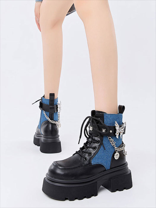 【7日内出荷】ショートブーツ 厚底 レースアップブーツ レディース 太ヒール パンク風 チェーン付き 編み上げ おしゃれ 秋ブーツ ラウンドトゥ 靴 痛くない 履きやすい ゆったり サイドジップ シンプル 美脚 人気 春夏秋冬 韓国 通勤 合皮 原宿系 細見え 黒 青 ハロウィン ロック ゴスロリ