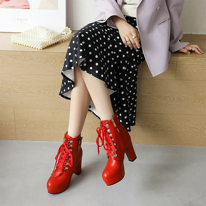 【7日内出荷】【9.5cmヒール】 ショートブーツ レディース サイドゴム レースアップ 高校生 中学生 ブーツ PU レザーシューズ コスプレ cosplay 太ヒール ハイスムース3cm 安定感 厚底 靴 ラウンドトゥ 学生 通学 美脚 大きいサイズ がルーズ グループ 人気