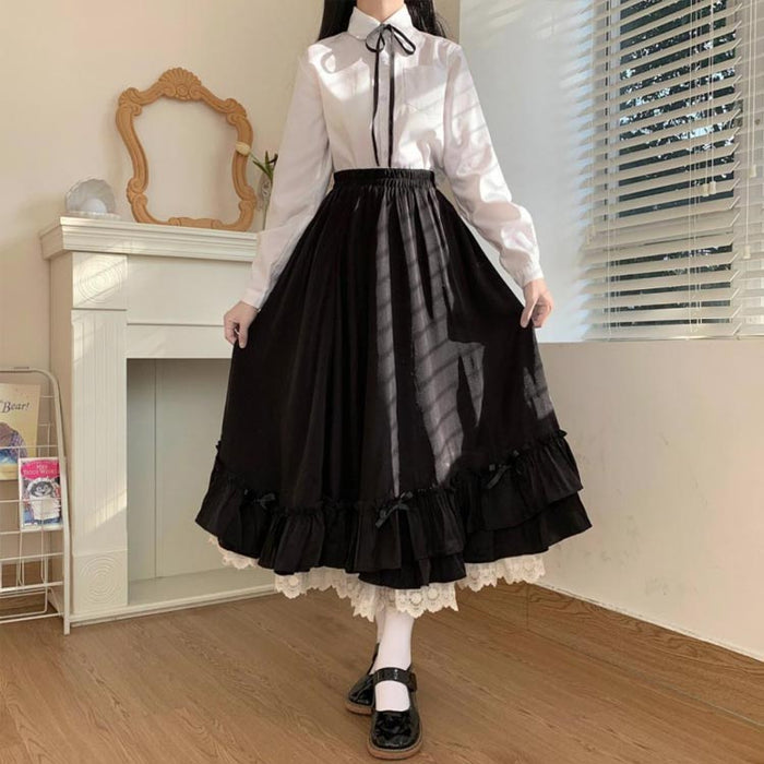 【7日内出荷】【S～2XL】スカート ふんわり ロリータ風 ガーリー ロング丈 ロングワンピース レディース スカート 森ガール スカート フェミニン ロリータ かわいい レース 黒 白 可愛い プレゼント ギフト ボトムス 大きいサイズ 体型カバー ゆったり ウエストゴム