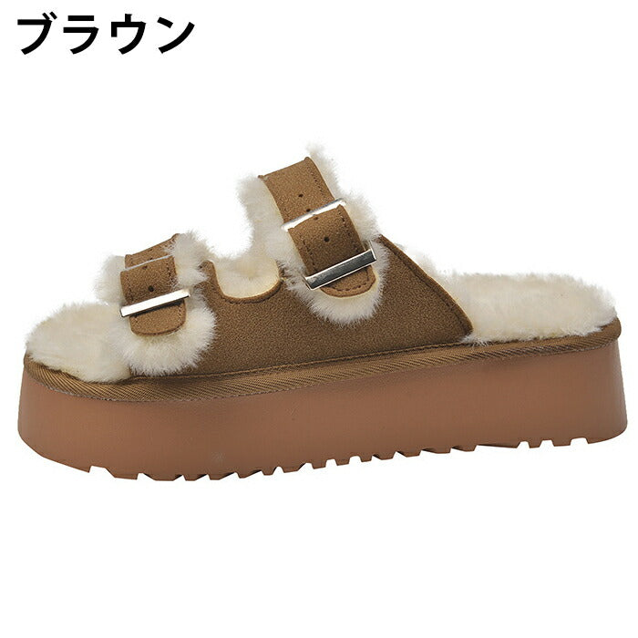 【7日内出荷】【5cmヒール】サンダル 厚底 ファーサンダル レディース もこもこ 5cmヒール 歩きやすい つっかけ ダブルベルト 防寒 暖かい 痛くない 疲れにくい 美脚効果 身長アップ きれいめ 外履き 冬用サンダル 秋冬 おしゃれ ルームシューズ ブラウン グリーン