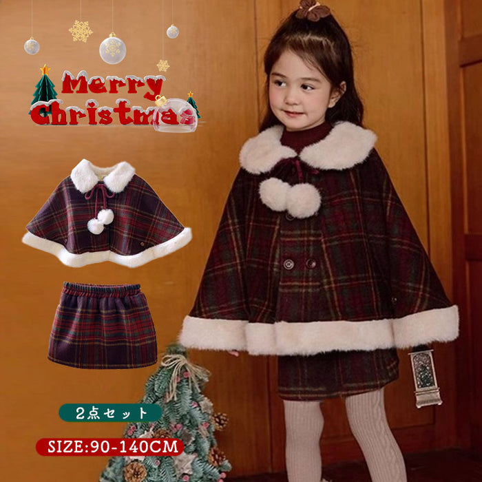 【7日内出荷】【 2点セット】キッズ クリスマス コスチューム サンタ服 マント 女の子 セットアップ ポンチョスカート 仮装 演出服 パーティー プレゼント 子供 チェック柄 ベビー 保育園 厚手 裏起毛 冬 防寒 暖かい  秋冬 新年