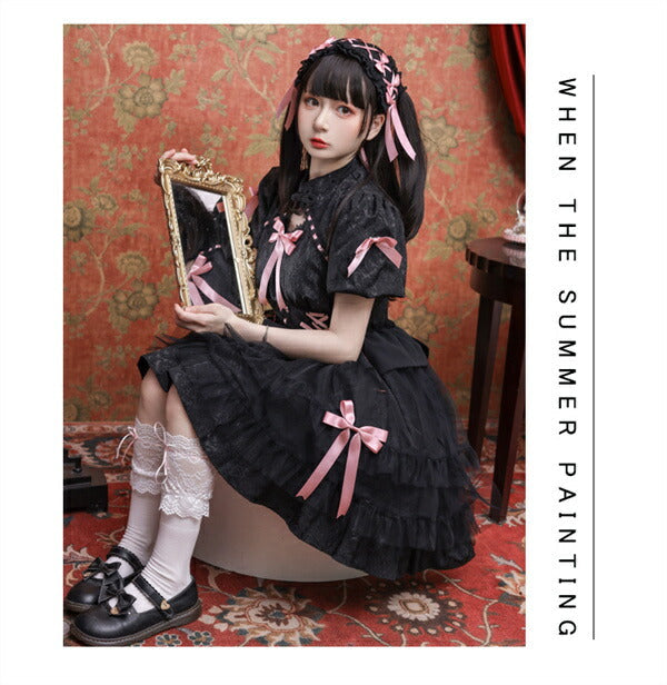 【7日内出荷】ロリータワンピース ホワイト 白 レディース lolita リボン ロリータ 袖付き 膝丈 小柄 可愛い 着瘦せ 仮装 コスプレ コスチューム 小柄 可愛い 学生 女の子 ゴスロリ  仮装 パーティ イベント ロリィタファッション フリル