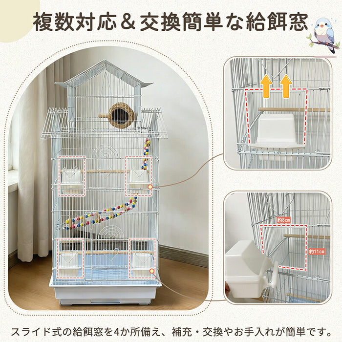 RAKU バードケージ 大型 多頭飼い 鳥かご セキセイインコ オカメインコ 飼育セット 幅50×奥行40×高さ104cm 止まり木 巣箱 ブランコ付き エサ入れ4個 引き出し式トレー お手入れ簡単 ホワイト/ブラック