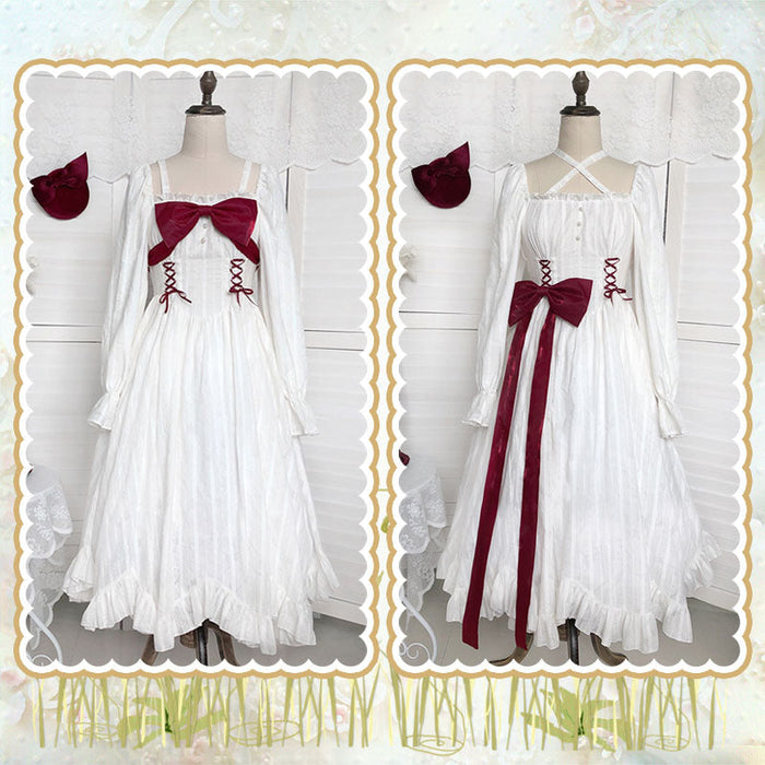 【7日内出荷】 2way仕様 赤い胸リボン ロリータワンピース ロリータドレス 甘ロリ 姫ロリ クラロリ カジュロリ 白ロリ 長袖 赤リボン 胸リボン