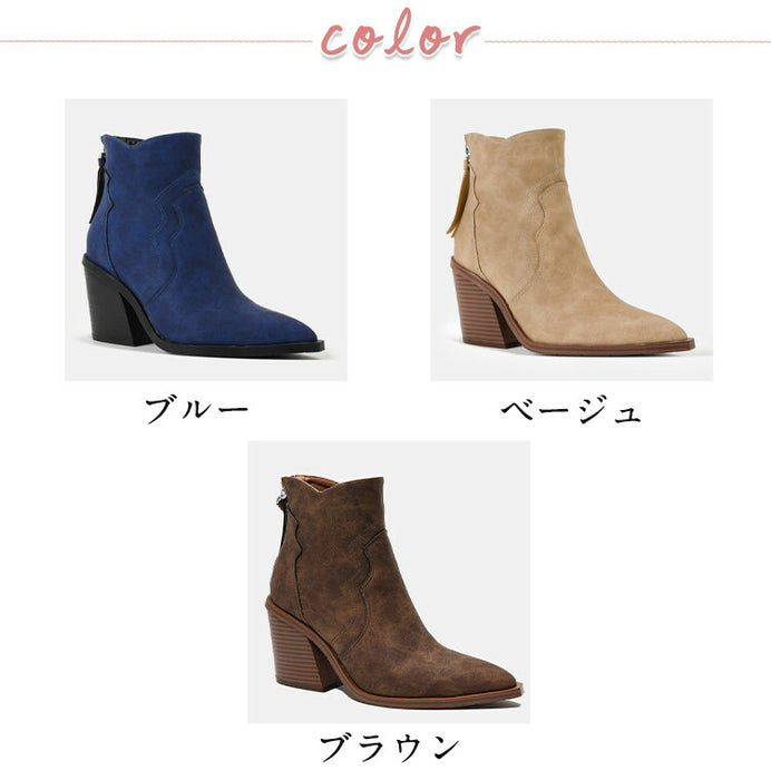 【7日内出荷】ウエスタンブーツ ショートブーツ レディース リングブーツ ステッチデザイン カウボーイブーツ スエード 秋 冬 ブーツ ポインテッドトゥ 8.5cm 太ヒール ラウンドトゥ 安定感 靴 カジュアル 韓国 通学 通勤 美脚 歩きやすい 疲れない 痛くない 大きいサイズ ウエスタン