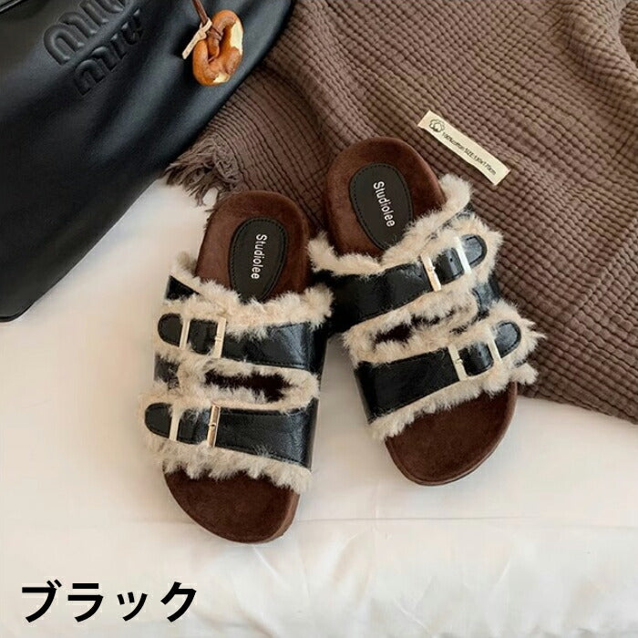 【7日内出荷】【4cmヒール】サンダル 厚底 ファーサンダル レディース ボアサンダル 冬用 4cmヒール もこもこ 歩きやすい 暖かい 冬用サンダル 痛くない 疲れにくい 美脚 ダブルベルト レザー調 合皮 おしゃれ ルームシューズ 室内履き 20代 30代 靴 防寒 黒 茶 白