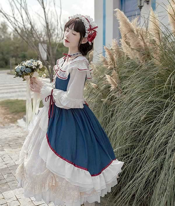 【7日内出荷】 ロリータ 森ガール ワンピース Aライン Lolita 2way オフショルダー 長袖 レース フリル 半袖 萌え萌え 可愛い かわいい プリンセス お姫様 プレゼント ミモレ丈 レディース ロココ コスチューム 仮装 ハロウィン 学園祭 文化祭 ベージュ ネイビー