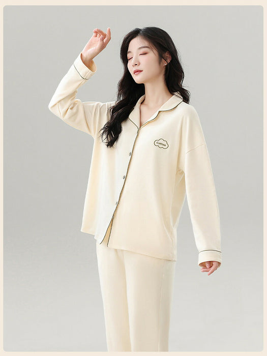 【7日内出荷】【2点セット】 ペア パジャマ レディース メンズ カップル ペアルック ルームウェア 上下セット 杏色 青色 綿100% コットン 長袖 寝巻き 部屋着 男性 女性 大人 おしゃれ ゆったり 春秋 春夏 秋冬 外出用 入院 上品 前開き 折り襟 ポケット付き 長ズボン ゴムウエスト