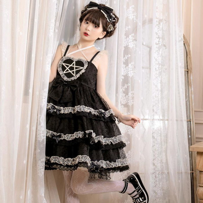 【7日内出荷】ロリータキャミワンピース ロリータドレス lolita キャミワンピース 袖なし 甘ロリ jsk デザインスカート リボン フリル 原宿 ガーリー 可愛い 春 夏
