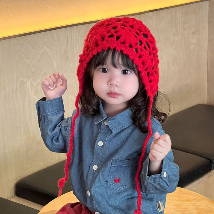 【7日内出荷】ニット ボンネット ベビー 帽子 ナチュラル ベビー服 女の子 透かし編み スカラップ ボンネット 冬 花 ひも  無地  防寒 お出掛け  おしゃれ 韓国子供服   あご紐 祝い 出産祝い プレゼント 記念撮影 写真  お宮参り セレモニー フード